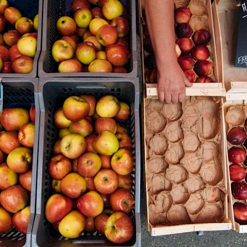A street market with crates of apples and pears, plus egg cartons and a handwritten price sign on the chalkboard, all arranged in crates.