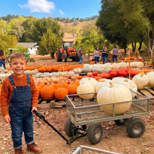 A boy stands in a pumpkin patch with carts and a tractor in the background at a fall farm festival.