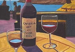 A still-life painting of a Cambria Art wine bottle with two glasses on a sunny table by a riverside.