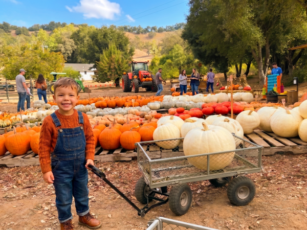 A smiling child stands in a pumpkin patch stacked with orange and white pumpkins, with a tractor and families in the background.