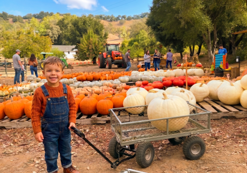 A boy stands in a pumpkin patch with carts and a tractor in the background at a fall farm festival.