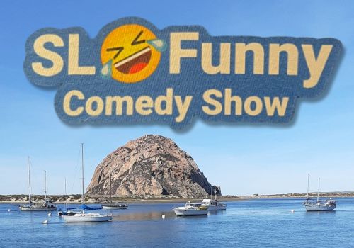 Boats in a harbor with a big rock and the text &ldquo;SLOW FUNNY Comedy Show&rdquo; on top.