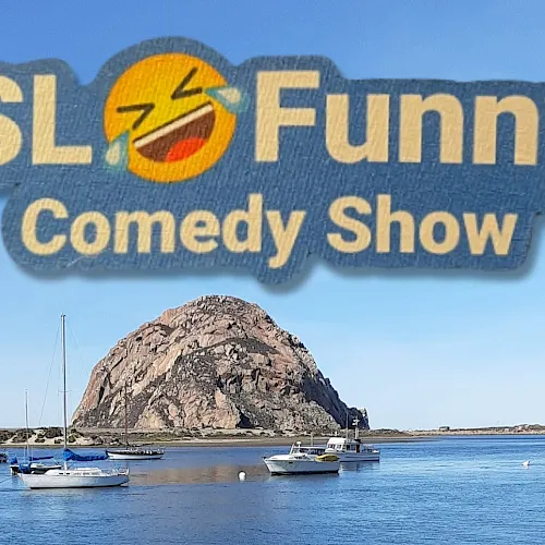 Boats in a harbor with a big rock and the text &ldquo;SLOW FUNNY Comedy Show&rdquo; on top.