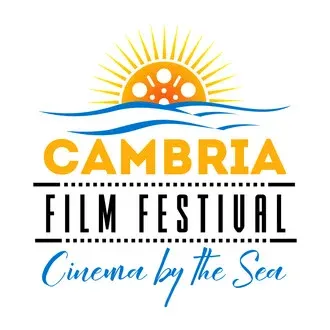 The image is a logo for the CAMBRIA FILM FESTIVAL, titled &ldquo;Cinema by the Sea.&rdquo;